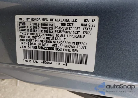 2012 Honda Odyssey Ex-L from USA, damaged, VIN 5FNRL5H62CB061053